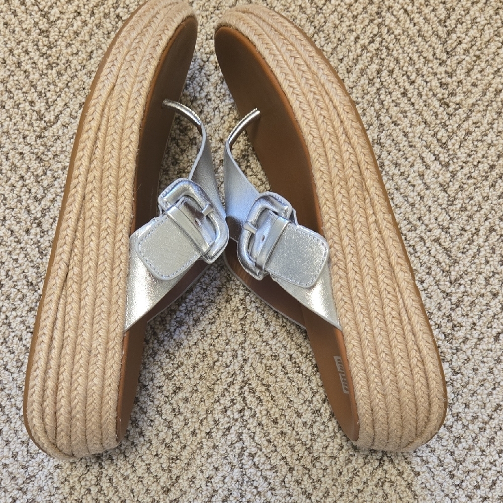 FitFlop F-Mode Espadrille Platform Wedge Flip Flop Silver - Picture 8 of 10